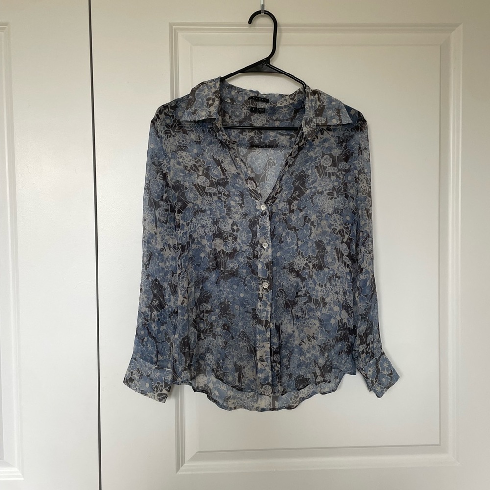 Theory Blue Floral Sheer Silk Blouse